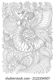 Vector fairy tale butterfly pixie lady with tea pot on chamomile flower, parrot birds, frog, snail. Black and white Thin contour line drawing, coloring book page for adults and children