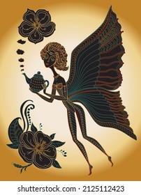 Vektor Märchen Schmetterling pixie lady mit Teekanne. Farbige Kontur, dünne Zeichnung, schwarze Silhouette auf goldenem Hintergrund