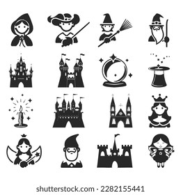 vector fairy tale characters icon set with unicorn gnome wizard dragon zombie ghost and fairy