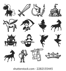 vector fairy tale characters icon set with unicorn gnome wizard dragon zombie ghost and fairy