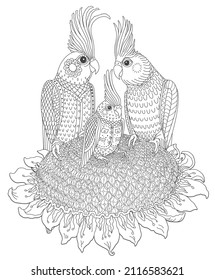 Vector Fairy Tale Corella Parrot Family Eating Seeds On Sunflower. Coloring Book Page For Adults And Children