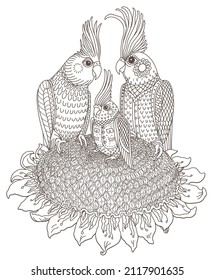 Vector fairy tale Corella parrot family on the sunflower. Coloring book page for adults and children