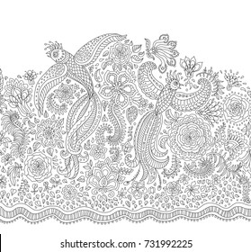 Vector fairy tale flying peacock birds with folk ornaments, thin line flowers, foliage , tree branches. Black and white background. Adults and children coloring book page. Embroidery, t-shirt print