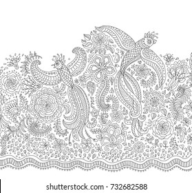 Vector fairy tale flying peacock birds with folk ornaments, thin line flowers, foliage , tree branches. Black and white background. Adults and children coloring book page. Embroidery, t-shirt print