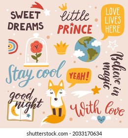 Vector fairy tale illustration with cute elements: fox, book, rose, Earth, heart and lettering phrases. Magic kids poster with fantasy doodles and handwritten text. Childish background.Bedtime stories