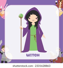 Vector fairy tale kingdom flashcard of an evil witch in a cloak holding a wand. Medieval fairytale an evil witch cartoon character. Vector outline fantasy monarch kingdom.