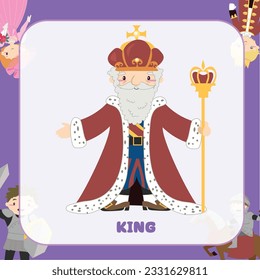 Vector fairy tale kingdom flashcard of king with sceptre. Medieval fairytale king character. Vector outline fantasy monarch in crown and mantle. 