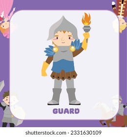 Vector fairy tale kingdom flashcard of kingdom’s guard in armour and holding a torch. Medieval fairytale kingdom’s guard character. Vector outline fantasy monarch kingdom.