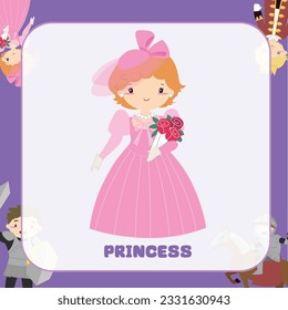 Vector fairy tale kingdom flashcard of cute princess in pink dress holding a bouquet of flower. Medieval fairytale princess character. Vector outline fantasy monarch kingdom.