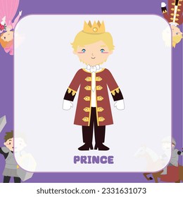 Vector fairy tale kingdom flashcard of handsome prince in coronation suit. Medieval fairytale prince character. Vector outline fantasy monarch kingdom.