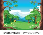 Vector fairy tale landscape of a forest glade with trees, blooming flowers and yellow butterflies in cartoon style