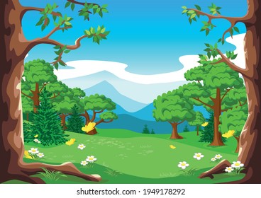 Vector fairy tale landscape of a forest glade with trees, blooming flowers and yellow butterflies in cartoon style