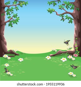 Vector fairy tale landscape of a forest glade with large trees, blooming meadow and butterflies.