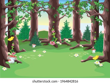 Vector fairy tale landscape of a forest glade with trees, blooming flowers and yellow butterflies in cartoon style