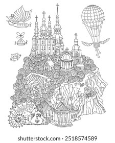 Vector fairy tale landscape, hand drawn monastery town, flying hot air balloons and dragon. Adults and Children Coloring Book page 