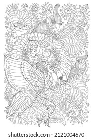 Vector fairy tale pixie baby on chamomile flower, butterfly lady with milk formula bottle, parrot birds, frog, snail. Black and white coloring book page for adults and children