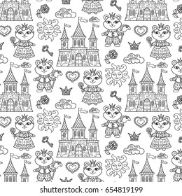 Vector, fairy tale, prince, princess, bear, palace, heart, flower, sun, key, crown, outline, seamless pattern