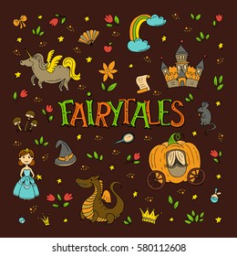 Vector fairy tales hand drawn icon set with princess, dragon, castle, mouse, unicorn, rainbow, magic hat, pumpkin carriage, crown isolated on background.
