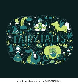 Vector fairy tales illustration with hand drawn elements - princess, dragon, castle, mouse, unicorn, rainbow, magic hat, pumpkin carriage, crown isolated on  background.