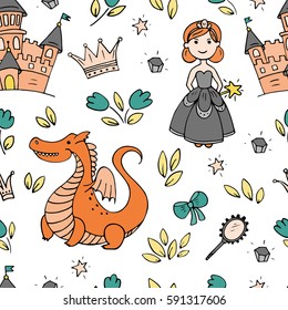 Vector fairy tales illustration. Seamless pattern with princess, crown, castle, mirror and flower isolated on white background.