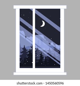 Vector fairy view from the window. Beautiful trees and mountains panorama landscape. Modern art.