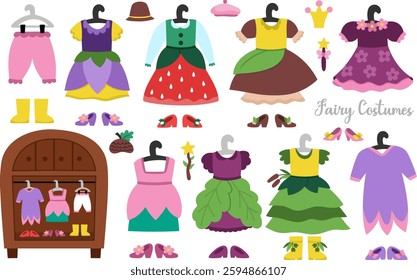 Vector fairy wardrobe clipart set. Cute icons of girl dresses, shoes, hats, boots. Woodland princess clothes collection. Fantasy forest fay costume illustrations. Magic or fairytale fashion pack