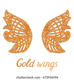 Vector Fairy wings golden illustration. Glitter texture. Concept of girlish children's decoration.