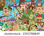 Vector fairyland background. Cute fairy land landscape. Woodland scenery with trees, treehouse, animals. Fantasy forest scene illustration. Fairytale world picture with princess, magic creatures
