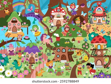 Vector fairyland background. Cute fairy land landscape. Woodland scenery with trees, treehouse, animals. Fantasy forest scene illustration. Fairytale world picture with princess, magic creatures
