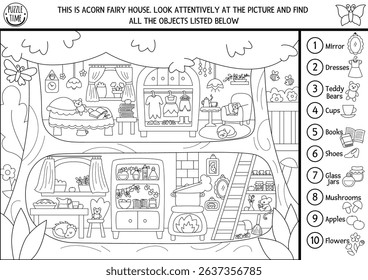 Vector fairyland black and white searching game with fairy tree house landscape. Magic fairytale seek and find and counting educational printable activity, coloring page with cozy home interior