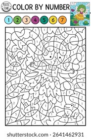 Vector fairyland color by number activity with swamp fairy, water lilies, pond. Magic forest landscape scene. Black and white counting game with cute fantasy girl. Fairytale coloring page for kids
