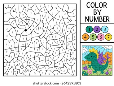 Vector fairyland color by number activity with dragon on the meadow. Magic forest landscape scene. Black and white counting game with cute fantasy animal. Fairytale coloring page for kids
