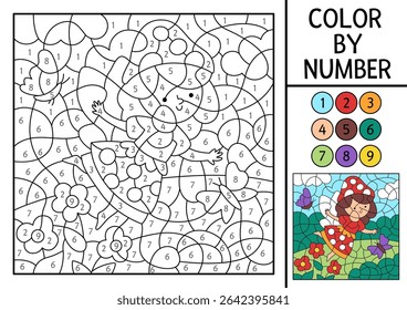 Vector fairyland color by number activity with mushroom fairy on the meadow. Magic forest landscape scene. Black and white counting game with cute fantasy girl. Fairytale coloring page for kids
