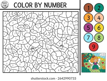 Vector fairyland color by number activity with acorn fairy on the meadow. Magic forest landscape scene. Black and white counting game with cute fantasy girl. Fairytale coloring page for kids
