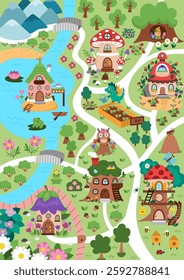 Vector fairyland map background. Cute fairy land landscape. Woodland scenery with trees, treehouses, dragon, roads, bridge, river. Fantasy forest scene illustration. Magic or fairytale world picture
