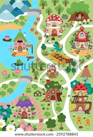 Vector fairyland map background. Cute fairy land landscape. Woodland scenery with trees, treehouses, dragon, roads, bridge, river. Fantasy forest scene illustration. Magic or fairytale world picture
