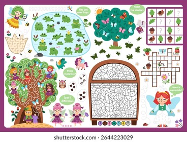 Vector fairyland placemat. Woodland fairy printable activity mat with maze, crossword puzzle, shadow match, find difference. Cute fairytale play mat, menu, kids magazine spreadsheet
