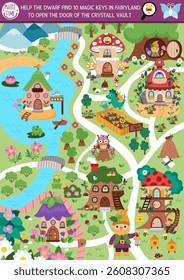 Vector fairyland searching game with enchanted forest landscape map, houses, fairies, garden. Spot hidden magic keys in picture. Simple fairytale seek and find printable activity for kids
