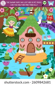 Vector fairyland searching game with enchanted forest landscape, house, river, swamp fairy. Spot hidden frogs in picture. Simple magic fairytale seek and find educational printable activity for kid