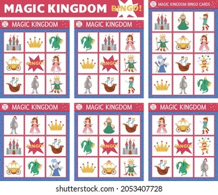 Vector fairytale bingo cards set. Fun family lotto board game with cute castle, king, princess, dragon for kids. Magic kingdom lottery activity. Simple educational printable worksheet.
