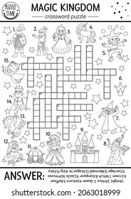 Vector fairytale black and white crossword puzzle for kids. Simple line magic kingdom quiz with fantasy creatures. Educational activity with castle, princess, unicorn. Cross word coloring page