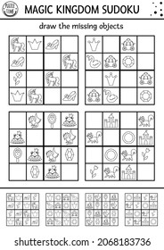 Vector fairytale black and white sudoku puzzle for kids with pictures. Simple line magic kingdom quiz. Education activity or coloring page with dragon, castle, unicorn. Draw missing objects
