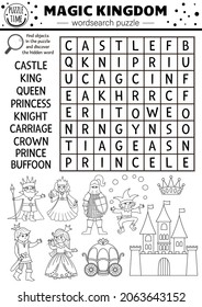 Vector fairytale black and white wordsearch puzzle for kids. Magic kingdom crossword or coloring page with fantasy creatures. Activity with knight, castle, princess, king. Fairy tale cross word
