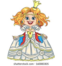 Vector fairytale cartoon funny smiling princess with a golden crown in beautiful luxury dress