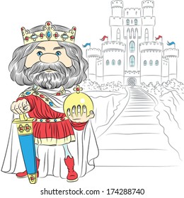 Vector fairytale cartoon King Charles the First in the crown, with the sword and Globus cruciger before the medieval castle  svg