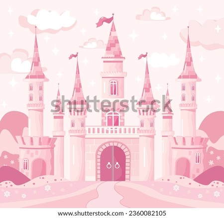 Vector fairytale castle in pink gradient, background with clouds, several towers with flags, large gates and fields with flowers 商業照片 © 