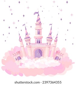 Castillo vectorial de cuento de hadas en gradiente rosa morado, fondo flotando en las nubes, estrellas mágicas, varias torres con banderas, grandes puertas.