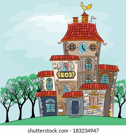 Vector fairytale cheerful multicolored multi-storey house 