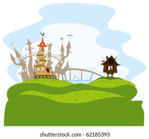 vector fairytale city on green hills with bridge and lake with fish