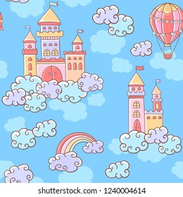 Vector fairytale colorful seamless pattern with castles, hot air balloon, rainbow and clouds 